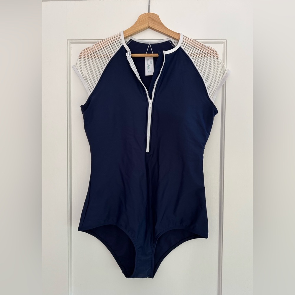 [NWOT] Sia Australia One-Piece Swimsuit, Navy Blue/White Mesh Cap Sleeve (12)